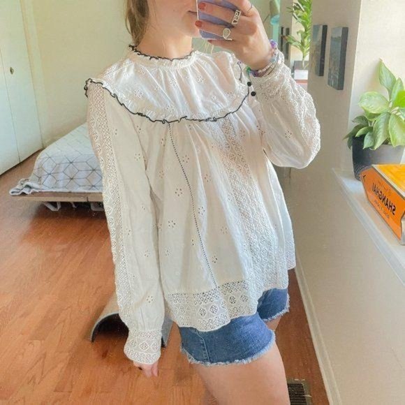 Sezane Ruffled Lace High Neck Eyelet Blouse White - Picture 3 of 7
